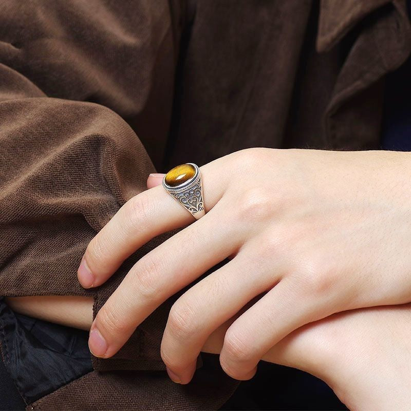 Wholesale S925 silver tiger eye stone live mouth men's ring